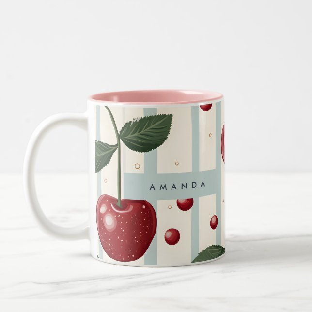 Caneca De Café Em Dois Tons Padrão de Cereja Vermelha Personalizada Retro-Vint (Esquerda)