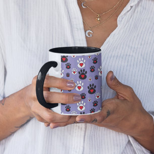 Caneca De Café Em Dois Tons Padrão de Coração de Pegada de Pata Roxo Periwinkl