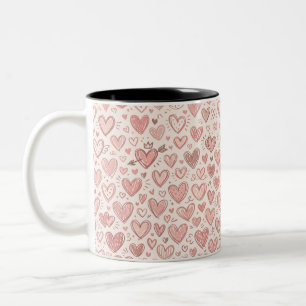 Caneca De Café Em Dois Tons Padrão de Coração Desenhado à Mão