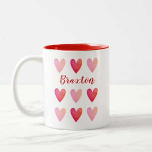 Caneca De Café Em Dois Tons Padrão de Coração Rosa Vermelho Personalizado