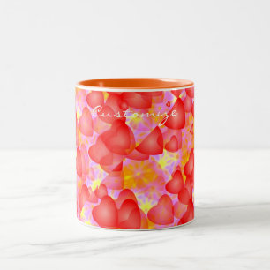 Caneca De Café Em Dois Tons padrão de coração vermelho flutuante