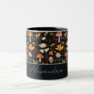 Caneca De Café Em Dois Tons Padrão de Cottagecore do Cogumelo e Flores com nom
