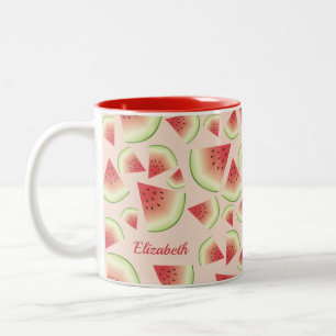 Caneca De Café Em Dois Tons Padrão de Fatias de Fruta de Melancia e Nome Perso