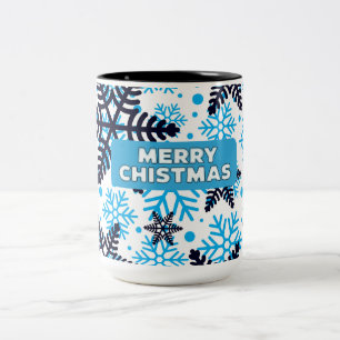 Caneca De Café Em Dois Tons Padrão de Floco de Neve de Inverno com Feliz Natal