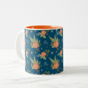 Caneca De Café Em Dois Tons Padrão de Flor de Pêssego Vintage Azul Escuro