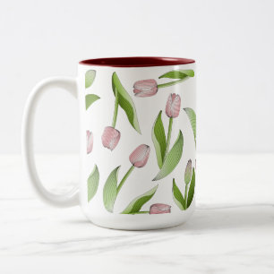 Caneca De Café Em Dois Tons Padrão de Flor de Tulipas Rosa Moderno
