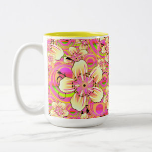 Caneca De Café Em Dois Tons padrão de flor rosa groovy