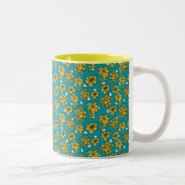 Caneca De Café Em Dois Tons Padrão de Flores Azul-Turquesa Amarelas (Direita)