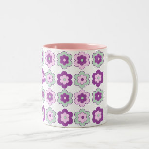 Caneca De Café Em Dois Tons Padrão de Flores Bolha Retro (verde e roxo)