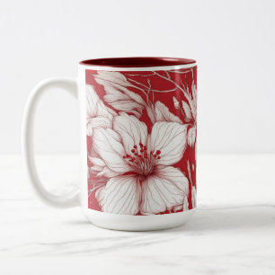 Caneca De Café Em Dois Tons Padrão de flores brancas e vermelhas botânicas
