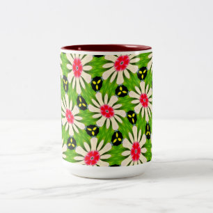 Caneca De Café Em Dois Tons Padrão de Flores Cor-de-Rosa e Branco