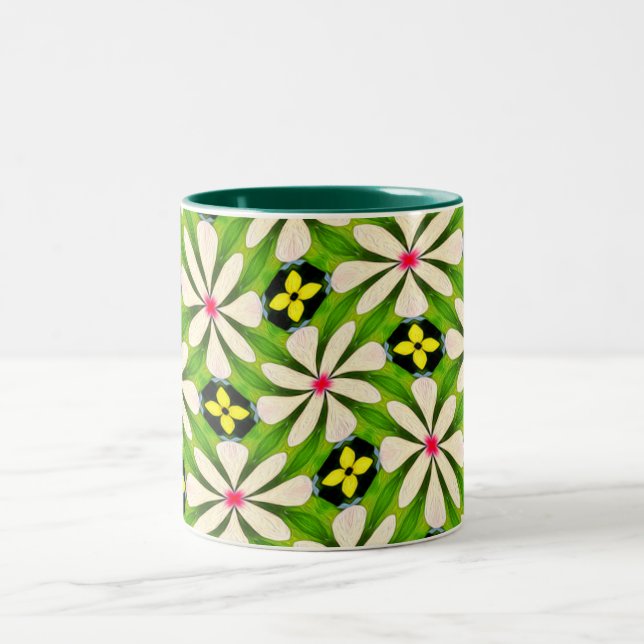 Caneca De Café Em Dois Tons Padrão de Flores Estéticas (Centro)
