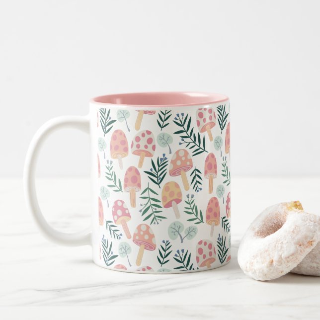 Caneca De Café Em Dois Tons Padrão de Floresta de Cogumelos Magicos (Com Donut)