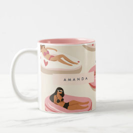 Caneca De Café Em Dois Tons Padrão de flutuação da Piscina de Verão Personaliz