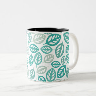 Caneca De Café Em Dois Tons Padrão de Folha Botânica em Verde Azul e Cinza