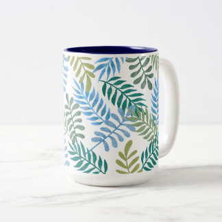 Caneca De Café Em Dois Tons Padrão de Folhas com Sombreado Azul Charme