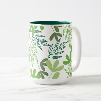 Caneca De Café Em Dois Tons Padrão de Folhas com Sombreamento Verde Charme