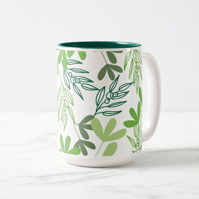 Caneca De Café Em Dois Tons Padrão de Folhas com Sombreamento Verde Charme (Frente Esquerda)