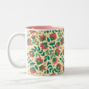 Caneca De Café Em Dois Tons Padrão de Folhas de Flores Prensadas Desenhadas à