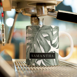 Caneca De Café Em Dois Tons Padrão de Folhas de Oásis Moderno em Aquarela Trop