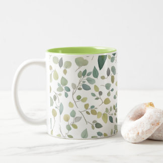 Caneca De Café Em Dois Tons Padrão de Folhas Verde de Aquarela