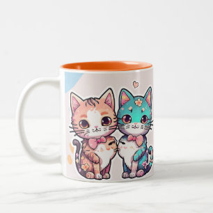 Caneca De Café Em Dois Tons Padrão de Gato Fofo Kawaii Colorido para Amantes d