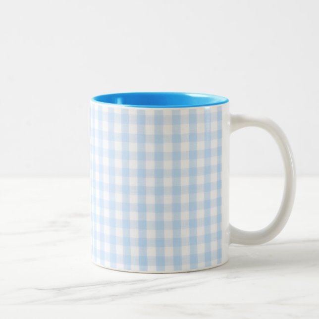 Caneca De Café Em Dois Tons Padrão de gingham azul claro (Direita)