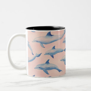 Caneca De Café Em Dois Tons Padrão de Golfinho em Aquarela Costa Praia Oceano