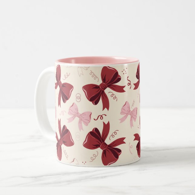 Caneca De Café Em Dois Tons Padrão de Laço Coquette Borgonha (Frente Esquerda)