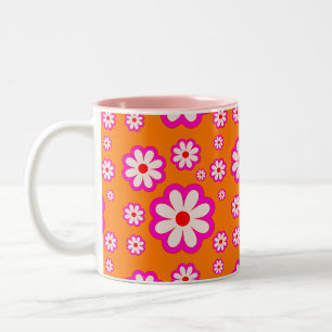 Caneca De Café Em Dois Tons Padrão de margarida retrô laranja e cor-de-rosa