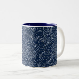 Caneca De Café Em Dois Tons Padrão de onda japonês motif azul escuro branco