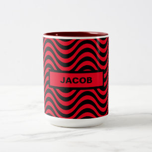 Caneca De Café Em Dois Tons Padrão de onda vermelho e preto SVG Nome personal