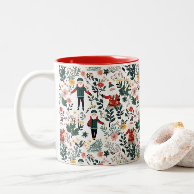 Caneca De Café Em Dois Tons Padrão de Papais noeis Festivos (Com Donut)
