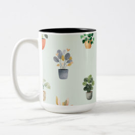 Caneca De Café Em Dois Tons Padrão de Planta de Casa Desenho Botânico de Plant