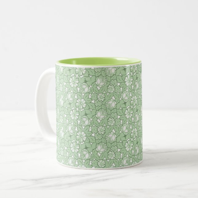 Caneca De Café Em Dois Tons Padrão de rosa em verde claro (Frente Esquerda)