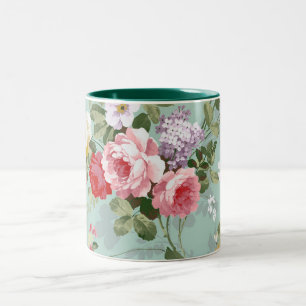 Caneca De Café Em Dois Tons Padrão de Rosas vermelhas Rosa Elegante Vintage