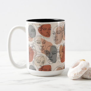 Caneca De Café Em Dois Tons Padrão de Rosto Feminino Abstrato