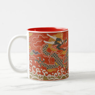 Caneca De Café Em Dois Tons Padrão de Seda Dragão Preto e Vermelho Imperial