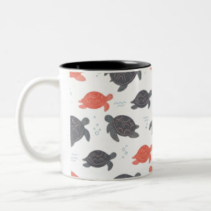 Caneca De Café Em Dois Tons Padrão de Tartaruga Marinha Branco e Cinza Minimal