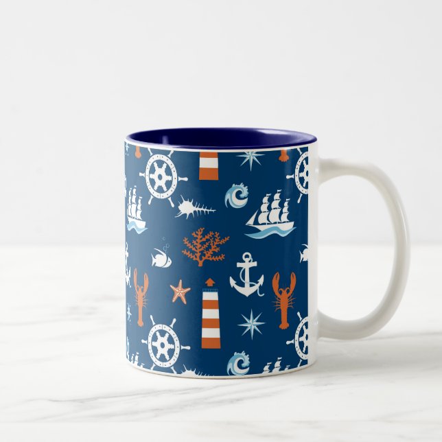 Caneca De Café Em Dois Tons Padrão de Tema do Mar 1 (Direita)