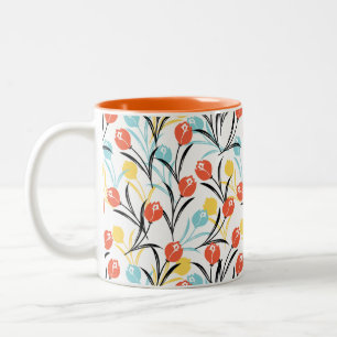 Caneca De Café Em Dois Tons Padrão de Tulipas Vibrante Design Floral em Branco