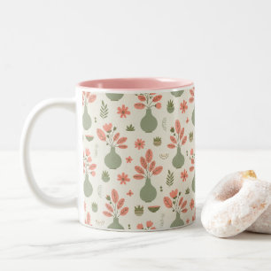 Caneca De Café Em Dois Tons Padrão De Vase Floral Suave — Destaque Rosa Esbran