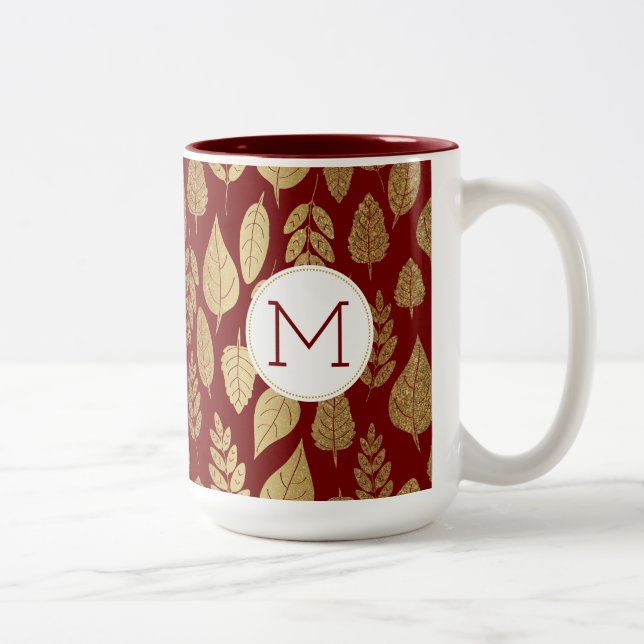 Caneca De Café Em Dois Tons Padrão Dourado e vermelho de folha (Direita)
