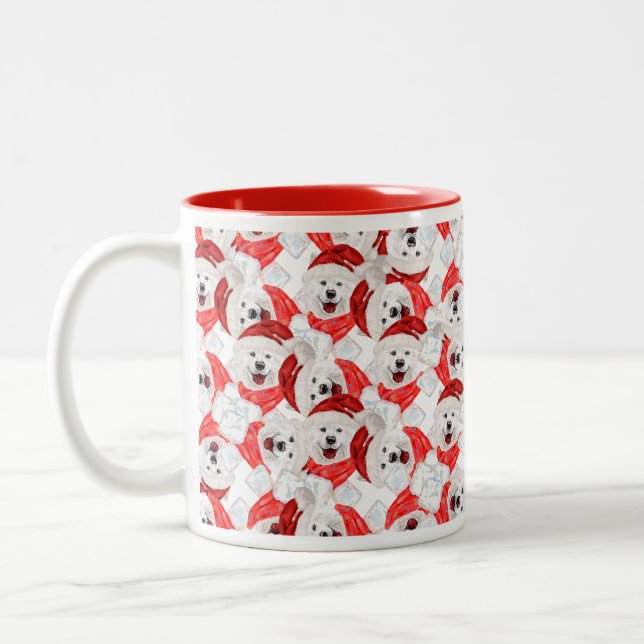 Caneca De Café Em Dois Tons Padrão Engraçado de Natal de Samoyed (Esquerda)
