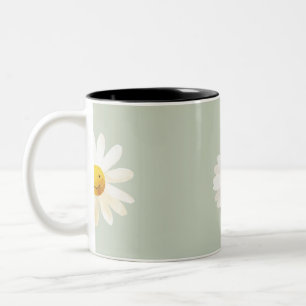 Caneca De Café Em Dois Tons Padrão Feliz de Margarida Sorridente e Fofa Primav