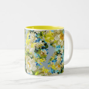 Caneca De Café Em Dois Tons Padrão Floral Amarelo Vintage
