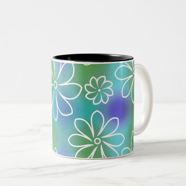 Caneca De Café Em Dois Tons Padrão Floral Azul e Verde Sem Olhos (Frente Esquerda)