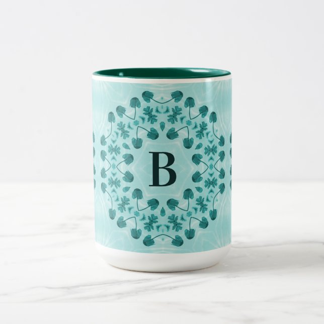 Caneca De Café Em Dois Tons Padrão Floral, Azul Teal Inicial (Centro)