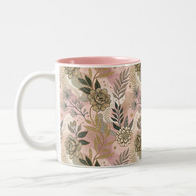 Caneca De Café Em Dois Tons Padrão Floral Boho Elegante (Esquerda)