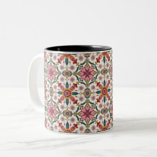 Caneca De Café Em Dois Tons Padrão Floral Boho em Vermelho, Rosa e Verde Água